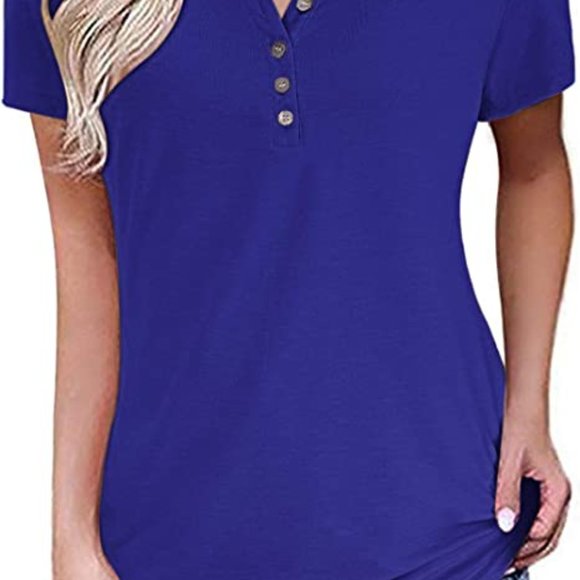 WNEEDU Women's Henley T Shirts Causal Short Sleeve Button Up V Neck Tops Blouse, - Picture 2 of 3